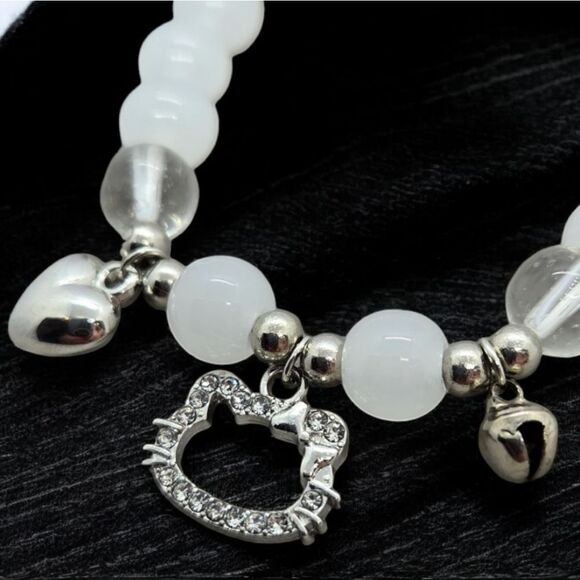 Hello Kitty Beaded Charm Bracelet Rhinestone Silver Pendant Cut-Out Cat Jewelry - Picture 3 of 4